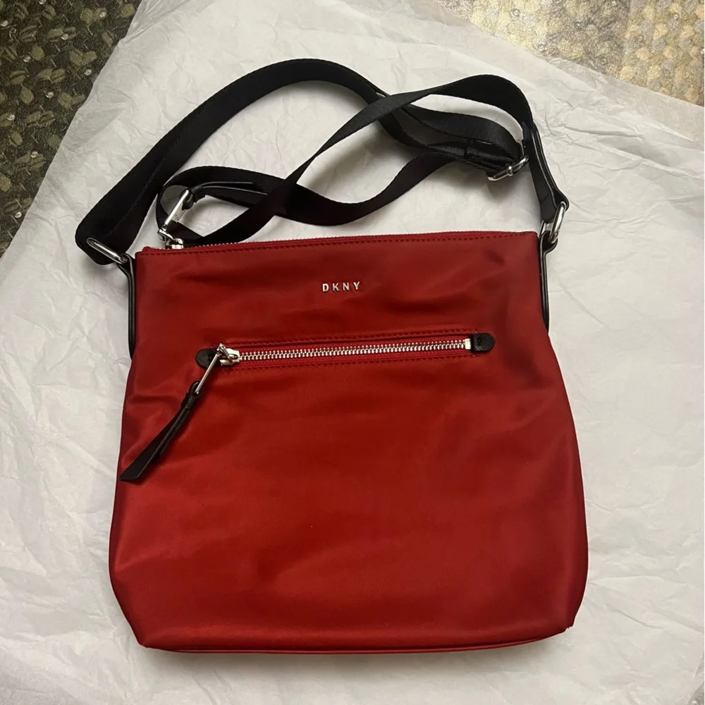 DKNY Gia Red with Black Strap Nylon Crossbody bag